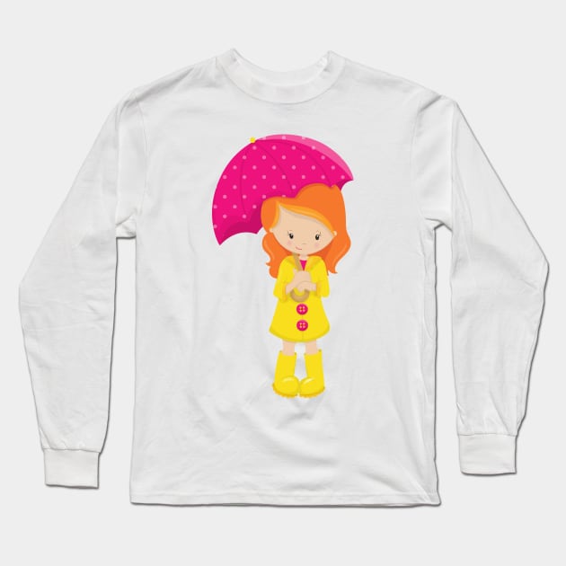 Girl In Raincoat, Girl With Umbrella, Orange Hair Long Sleeve T-Shirt by Jelena Dunčević